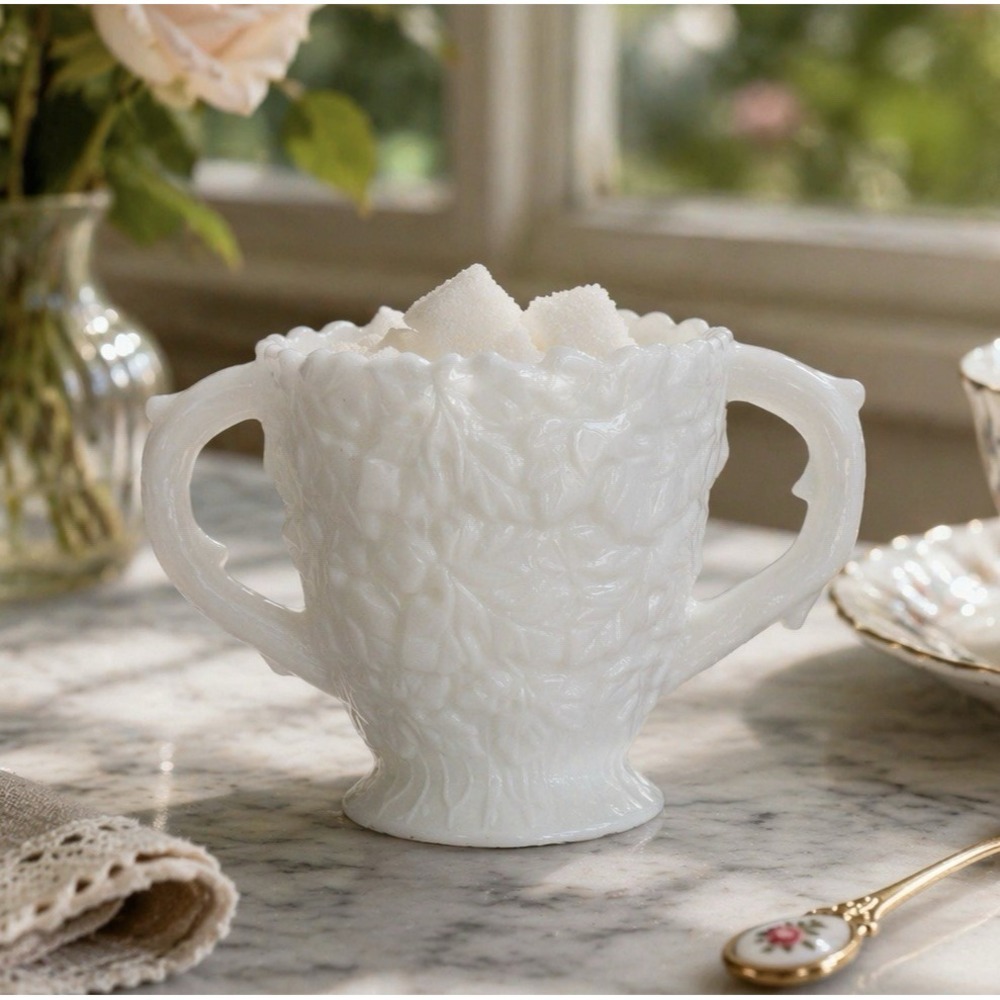 WESTMORELAND White Milk Glass Bramble Maple Leaf Open Sugar Bowl Double Handle